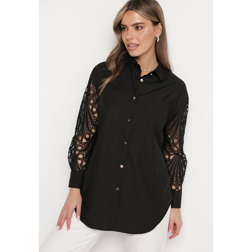 Czarna Koszula Oversize z Ażurowym Wzorem na Rękawach Vadena ze sklepu Born2be Odzież w kategorii Koszule damskie - zdjęcie 171358229