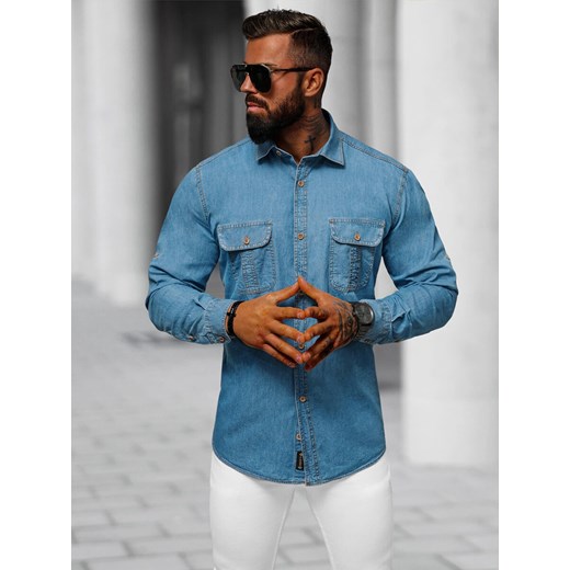 Koszula męska jeansowa niebieska OZONEE O/450246 ze sklepu ozonee.pl w kategorii Koszule męskie - zdjęcie 171361349