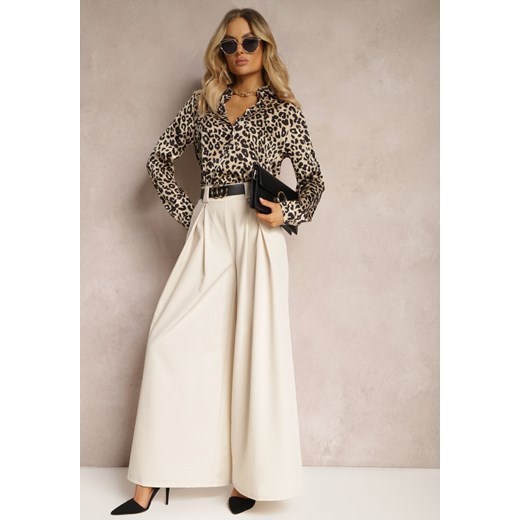 Beżowe Spodnie High Waist z Szerokimi Nogawkami i Paskiem Brillara ze sklepu Renee odzież w kategorii Spodnie damskie - zdjęcie 171361656