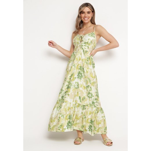 Zielona Sukienka z Wiskozy i Bawełny Rozkloszowana w Kwiatowy Print z Ozdobnym Wiązaniem Wiama ze sklepu Born2be Odzież w kategorii Sukienki - zdjęcie 171362298