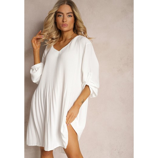 Biała Plisowana Sukienka Mini z Długimi Rękawami Oversize Ticini ze sklepu Renee odzież w kategorii Sukienki - zdjęcie 171396127