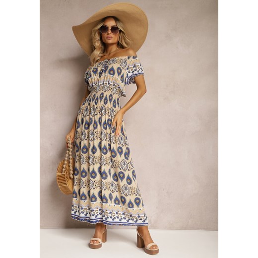 Beżowo-Niebieska Sukienka na Lato z Bawełny z Modelującą Gumką w Talii Deorna ze sklepu Renee odzież w kategorii Sukienki - zdjęcie 171396297