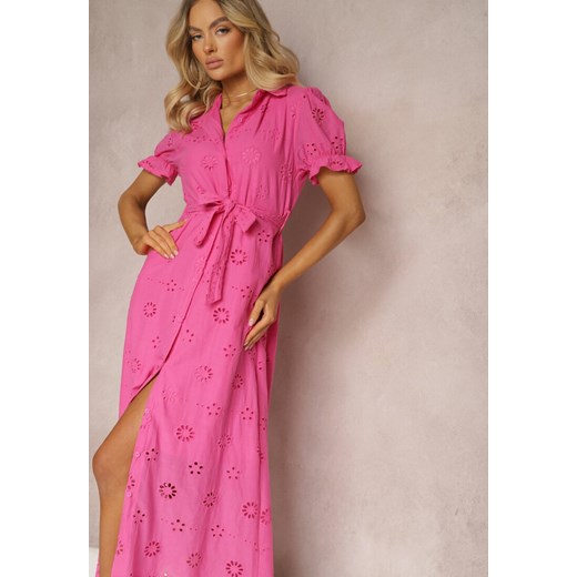 Różowa Ażurowa Sukienka o Koszulowym Kroju z Haftem i Bufiastymi Rękawami Vianda ze sklepu Renee odzież w kategorii Sukienki - zdjęcie 171396367