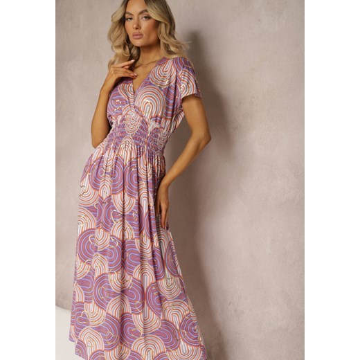 Fioletowo-Różowa Sukienka z Wiskozy w Stylu Boho z Krótkim Rękawem i Gumką w Talii Urisa ze sklepu Renee odzież w kategorii Sukienki - zdjęcie 171396437