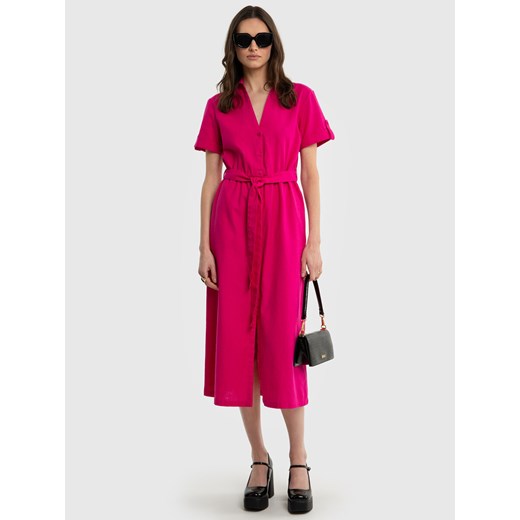 Sukienka damska midi z dodatkiem lnu różowa Vikini 601 ze sklepu Big Star w kategorii Sukienki - zdjęcie 171414369
