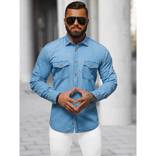 Koszula męska jeansowa niebieska OZONEE O/225145 ze sklepu ozonee.pl w kategorii Koszule męskie - zdjęcie 171430595