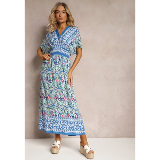 Niebieska Wiskozowa Sukienka Boho z Gumką w Pasie i Trójkątnym Dekoltem Casalina ze sklepu Renee odzież w kategorii Sukienki - zdjęcie 171438698