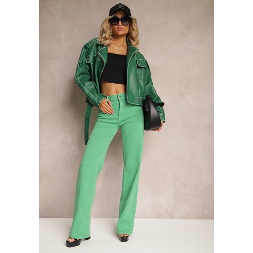 Zielone Szerokie Jeansy z Bawełnianej Tkaniny Plumeti High Waist Rrisa ze sklepu Renee odzież w kategorii Jeansy damskie - zdjęcie 171439208