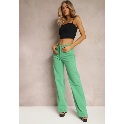 Zielone Szerokie Jeansy z Bawełnianej Tkaniny Plumeti High Waist Rrisa ze sklepu Renee odzież w kategorii Jeansy damskie - zdjęcie 171439209