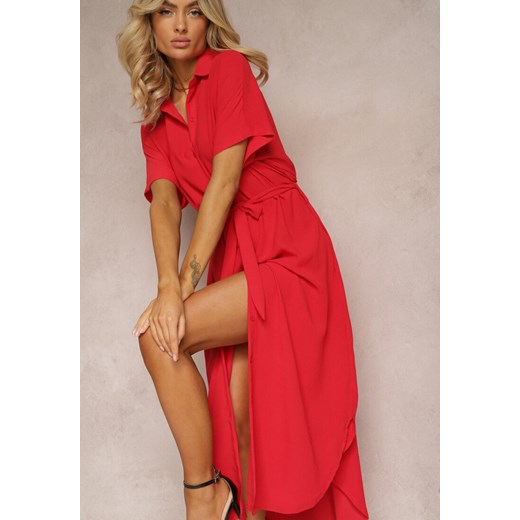 Czerwona Koszulowa Sukienka z Wiskozy z Materiałowym Paskiem w Talii Gialara ze sklepu Renee odzież w kategorii Sukienki - zdjęcie 171439308
