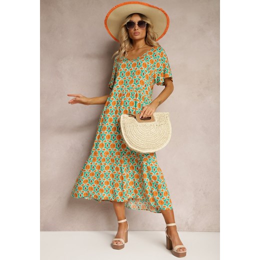 Zielono-Pomarańczowa Rozkloszowana Sukienka z Wiskozy Ozdobiona Mozaikowym Printem Elleda ze sklepu Renee odzież w kategorii Sukienki - zdjęcie 171439338