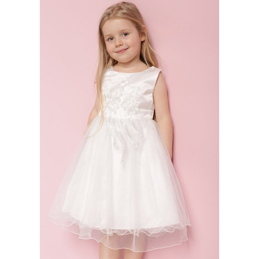 Biała Elegancka Sukienka z Tiulowym Dołem z Brokatem i Kokardą Ilevarpa ze sklepu Born2be Odzież w kategorii Sukienki dziewczęce - zdjęcie 171441988