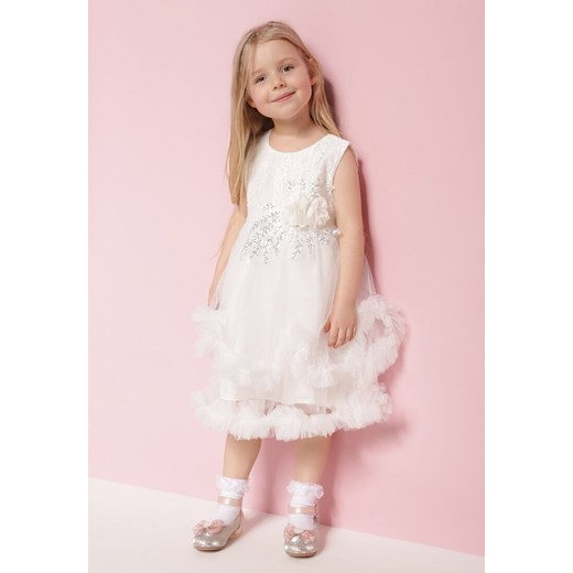 Biała Tiulowa Rozkloszowana Sukienka z Falbankami i Aplikacjami 3D na Pasku Nenella ze sklepu Born2be Odzież w kategorii Sukienki dziewczęce - zdjęcie 171442096