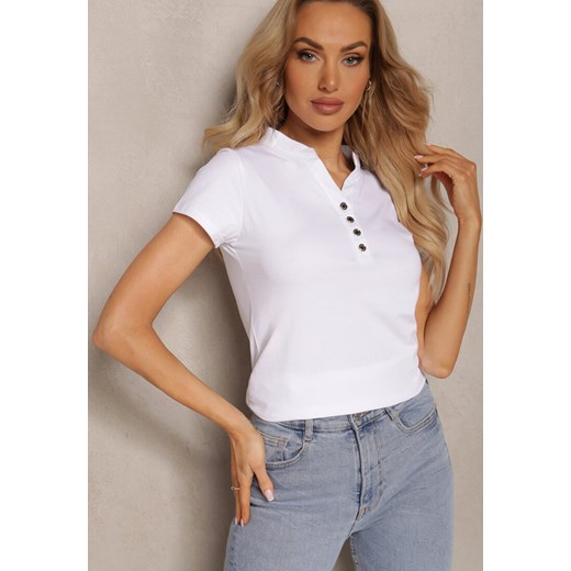 Biały Bawełniany T-shirt z Guzikami przy Dekolcie  Wialina ze sklepu Renee odzież w kategorii Bluzki damskie - zdjęcie 171443465