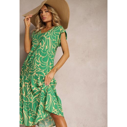 Zielona Letnia Sukienka z Wiskozy Ozdobiona Szerokimi Falbanami i Ornamentalnym Wzorem Triatis ze sklepu Renee odzież w kategorii Sukienki - zdjęcie 171443505