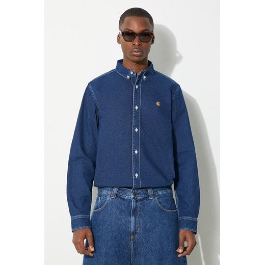 Carhartt WIP koszula jeansowa Weldon Shirt męska kolor niebieski relaxed z kołnierzykiem button-down I031928-BLUESTONE ze sklepu PRM w kategorii Koszule męskie - zdjęcie 171450508