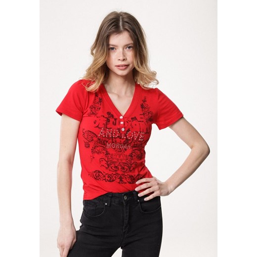 Czerwony T-shirt Tattle M/L promocyjna cena Born2be Odzież