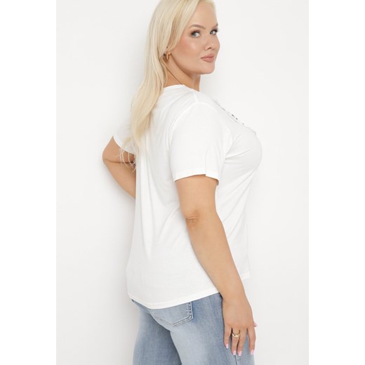 Biały T-shirt Koszulka z Krótkim Rękawem z Dekoltem Ozdobionym Koronką i 2XL okazyjna cena Born2be Odzież
