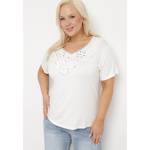 Biały T-shirt Koszulka z Krótkim Rękawem z Dekoltem Ozdobionym Koronką i XL wyprzedaż Born2be Odzież