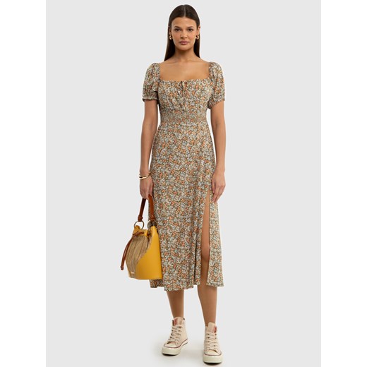 Sukienka damska midi z motywem kwiatowym z wiskozy beżowa Soti 000 ze sklepu Big Star w kategorii Sukienki - zdjęcie 171508737