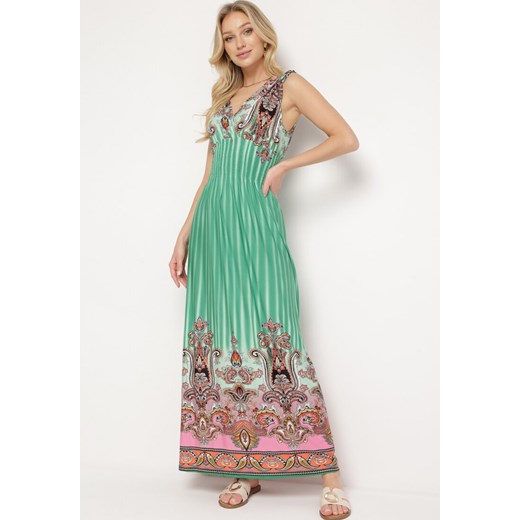 Zielona Sukienka z Troczkami w Ramionach Rozkloszowana z Dekoltem w V Araxeda ze sklepu Born2be Odzież w kategorii Sukienki - zdjęcie 171513969