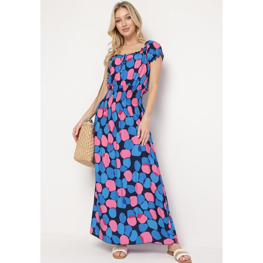 Granatowo-Różowa Bawełniana Sukienka z Gumką Przy Dekolcie i w Talii Pietricea ze sklepu Born2be Odzież w kategorii Sukienki - zdjęcie 171514018