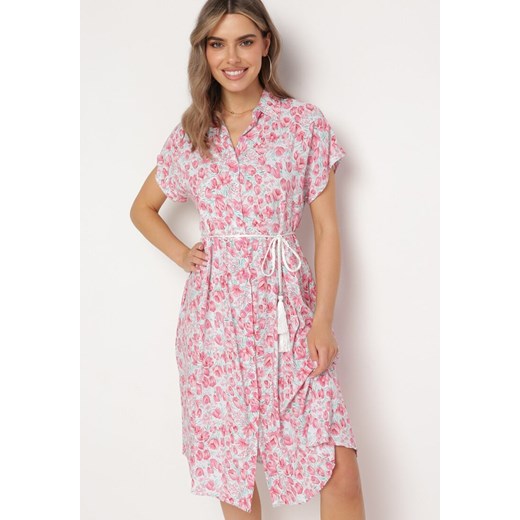Różowa Koszulowa Sukienka z Bawełny Zapinana na Guziki Tesadia XL okazja Born2be Odzież