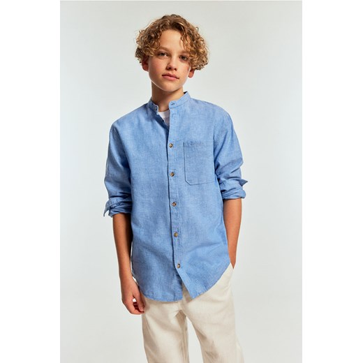 H & M - Koszula z domieszką lnu i ze stójką - Niebieski H & M 134 (8-9Y) H&M