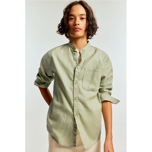 H & M - Koszula z domieszką lnu i ze stójką - Zielony H & M 164 (13-14Y) H&M