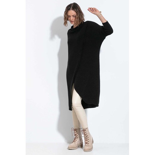 Długi sweter dzianinowy z rozcięciem - czarny Fobya one size 5.10.15