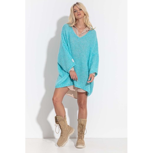 Długi sweter-tunika damska oversize Fobya- niebieski ze sklepu 5.10.15 w kategorii Swetry damskie - zdjęcie 171536918