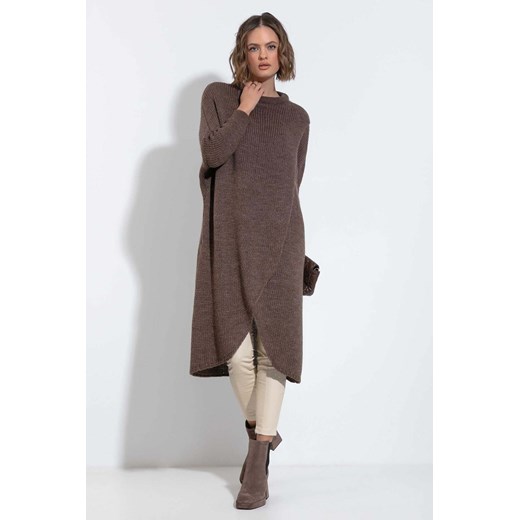 Długi sweter dzianinowy z rozcięciem - brązowy Fobya one size 5.10.15