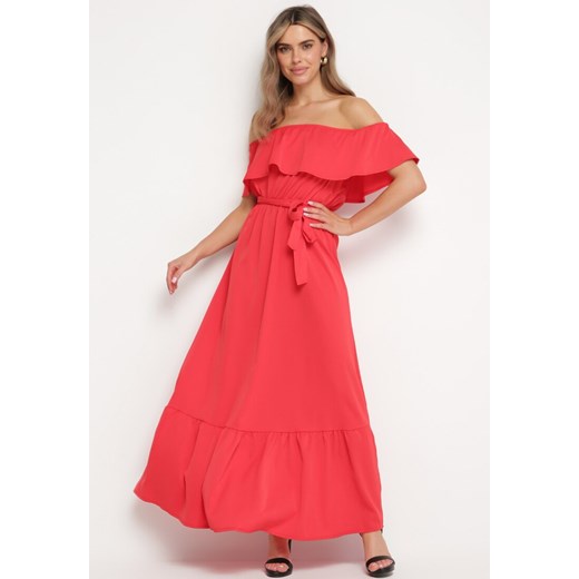 Czerwona Sukienka o Rozkloszowanym Fasonie z Hiszpańskim Dekoltem i Materiałowym L Born2be Odzież okazyjna cena