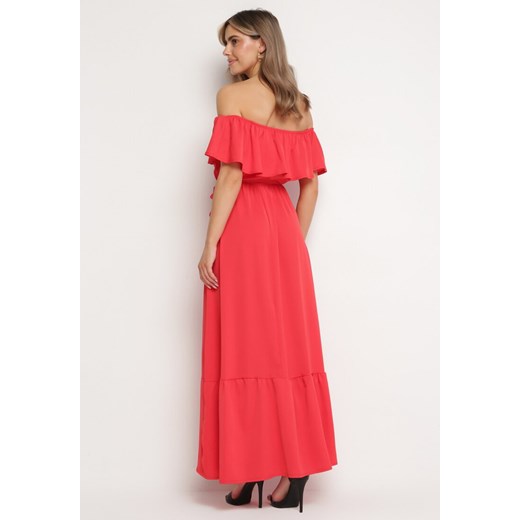 Czerwona Sukienka o Rozkloszowanym Fasonie z Hiszpańskim Dekoltem i Materiałowym L promocja Born2be Odzież