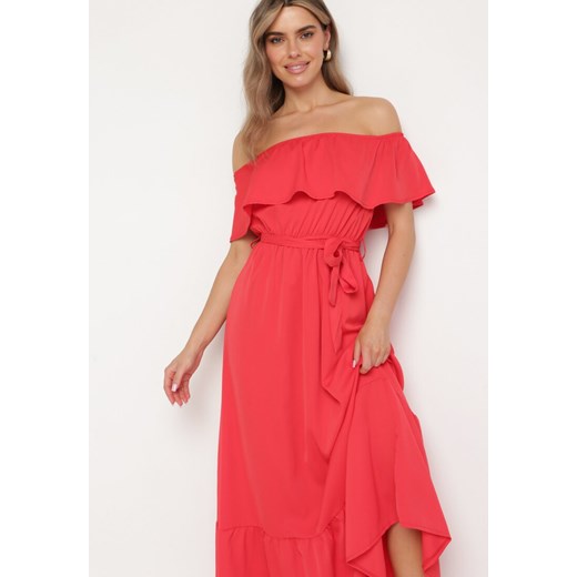 Czerwona Sukienka o Rozkloszowanym Fasonie z Hiszpańskim Dekoltem i Materiałowym M okazyjna cena Born2be Odzież