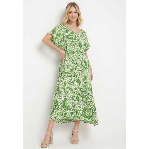 Zielona Wiskozowa Sukienka z Krótkim Rękawem i Falbanką Cindabella ze sklepu Born2be Odzież w kategorii Sukienki - zdjęcie 171545619