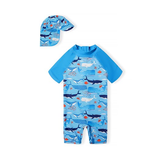 Niebieski kombinezon kąpielowy z filtrem UV i czapką - wieloryby ze sklepu 5.10.15 w kategorii Stroje kąpielowe dla niemowląt - zdjęcie 171546065