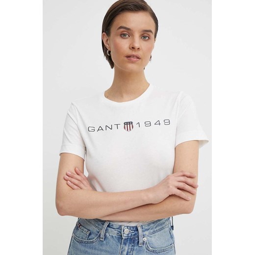 Gant t-shirt bawełniany damski kolor beżowy ze sklepu ANSWEAR.com w kategorii Bluzki damskie - zdjęcie 171549839