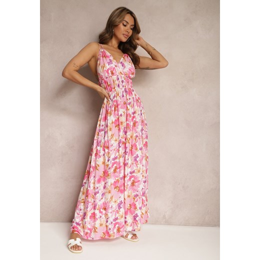 Różowa Rozkloszowana Sukienka z Wiskozy na Ramiączkach w Kwiaty z Odkrytymi Plecami Allaine ze sklepu Renee odzież w kategorii Sukienki - zdjęcie 171553107
