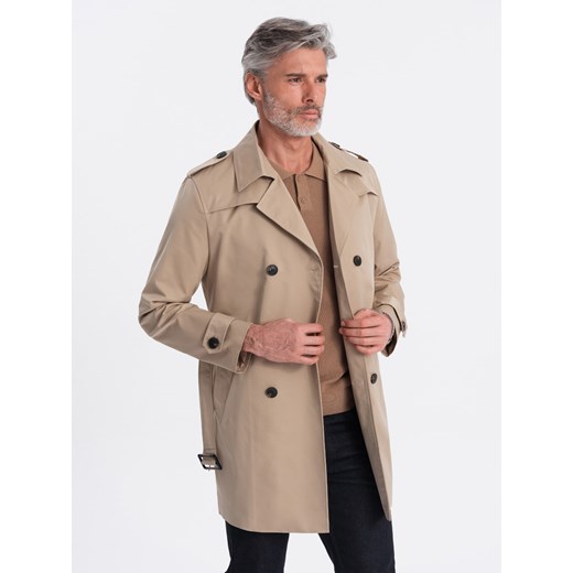 Trencz męski elegancki płaszcz SLIM FIT z paskiem - beżowy V1 OM-COSC-0111 ze sklepu ombre w kategorii Płaszcze męskie - zdjęcie 171577926