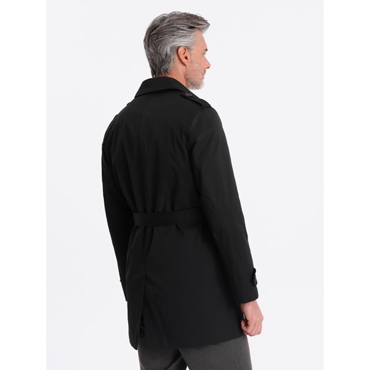 Elegancki płaszcz męski trencz SLIM FIT z paskiem - czarny V2 OM-COSC-0111 XL ombre