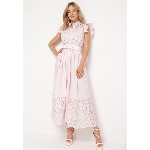 Różowa Sukienka Ażurowa o Koszulowym Kroju z Paskiem z Ekoskóry Trija ze sklepu Born2be Odzież w kategorii Sukienki - zdjęcie 171582556