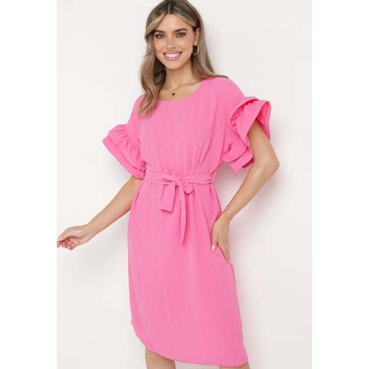 Born2be sukienka z okrągłym dekoltem z krótkimi rękawami różowa elegancka 