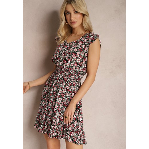 Czarno-Różowa Sukienka w Kwiatowy Wzór z Gumką w Talii i Wiązaniem przy Dekolcie Tovilla ze sklepu Renee odzież w kategorii Sukienki - zdjęcie 171583639