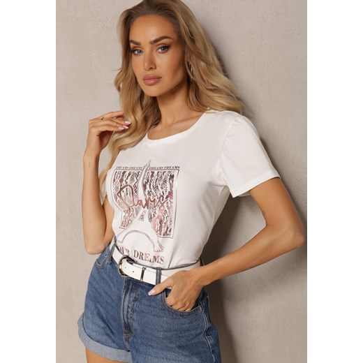 Biały T-shirt z Bawełny o Klasycznym Kroju z Metalicznym Nadrukiem Timabell ze sklepu Renee odzież w kategorii Bluzki damskie - zdjęcie 171583805