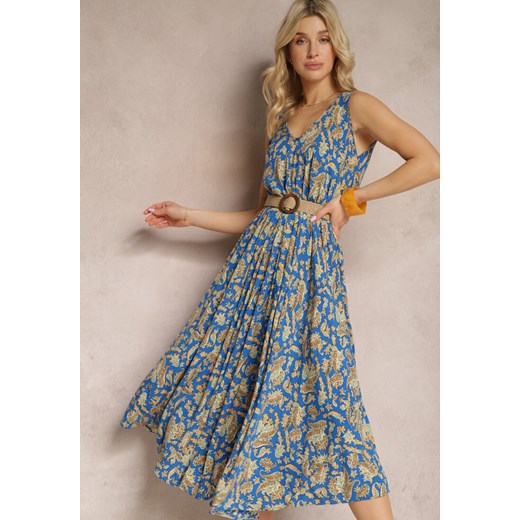 Niebiesko-Żółta Rozkloszowana Sukienka na Lato Ozdobiona Wzorem Paisley Kiola ze sklepu Renee odzież w kategorii Sukienki - zdjęcie 171585907