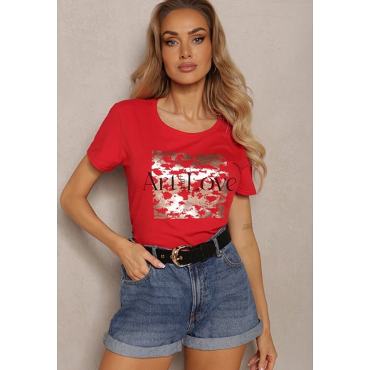 Czerwony T-shirt z Bawełny z Nadrukiem o Metalicznym Połysku Abiana ze sklepu Renee odzież w kategorii Bluzki damskie - zdjęcie 171585937