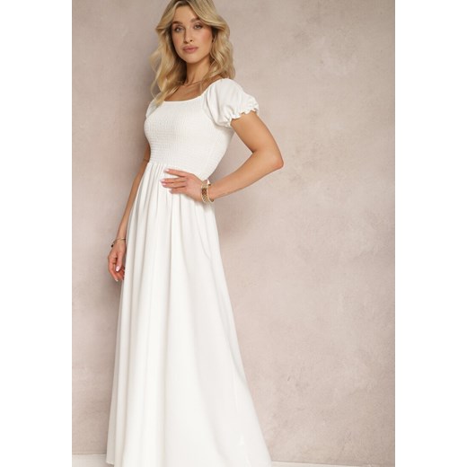 Biała Sukienka z Gumeczkami w Talii i Przy Dekolcie z Rozkloszowanym Dołem Anideta ze sklepu Renee odzież w kategorii Sukienki - zdjęcie 171587559