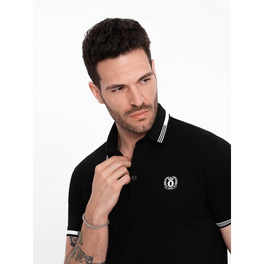 Męska koszulka polo z elastanem z kontrastowymi elementami - czarna V2 OM-POSS-0123 ze sklepu ombre w kategorii T-shirty męskie - zdjęcie 171609766