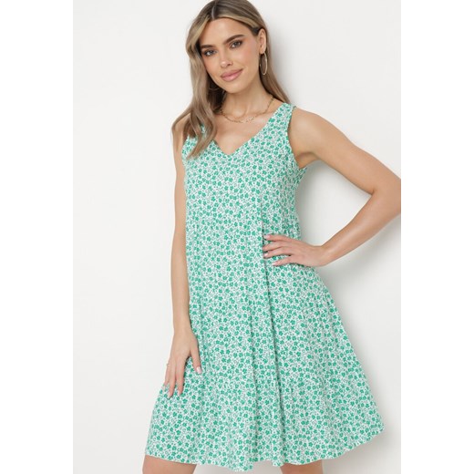 Zielona Bawełniana Sukienka w Kwiaty z Falbanką Rissafa ze sklepu Born2be Odzież w kategorii Sukienki - zdjęcie 171690917